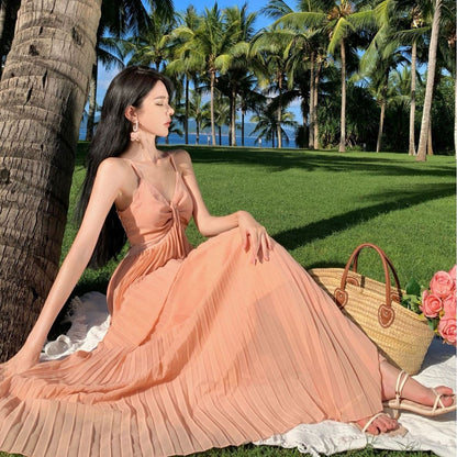 2025 Hepburn style neck sling dress women's summer high-end adult dress long dress small black dress beach dress