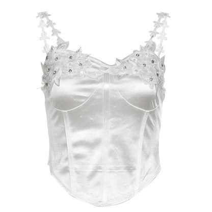Cross-border 2025 style popular spring new women's clothing embroidered lace suspender solid color vest waist hip skirt