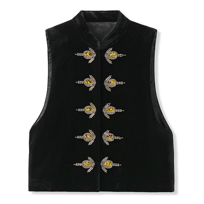 new national style sequins simple vest new Chinese temperament design sense light luxury solid color top women M6043