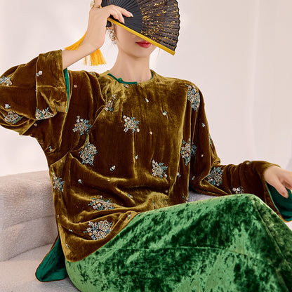 National style retro embroidered sequined shirt women's  winter loose age-reducing mulberry silk new Chinese top MY093