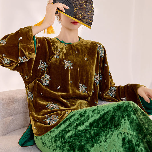 National style retro embroidered sequined shirt women's  winter loose age-reducing mulberry silk new Chinese top MY093