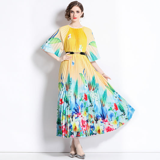 popular new literary and artistic style niche high-end positioning printing Miyake middle-sleeved crew neck dress