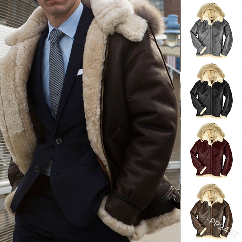 2025 Hot Trade  Winter Men's Fur Collar Casual Hooded Jacket Lapel Fleece Slim Leather Jacket