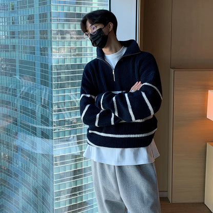 saferido      -shop black men fashion urban Japanese Style Lapel Sweater Men's Autumn Korean Style Trendy Lazy Style Versatile Striped Pullover Half Zipper Knitted Coat Trendy