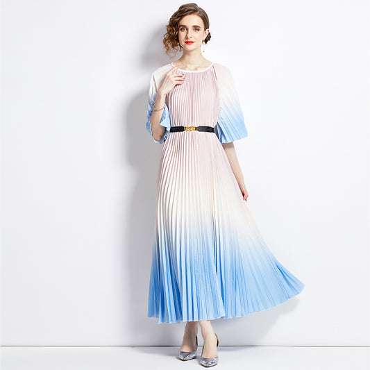 2025 style fashion gradual change color loose dress women's summer  new temperament round neck lace-up skirt
