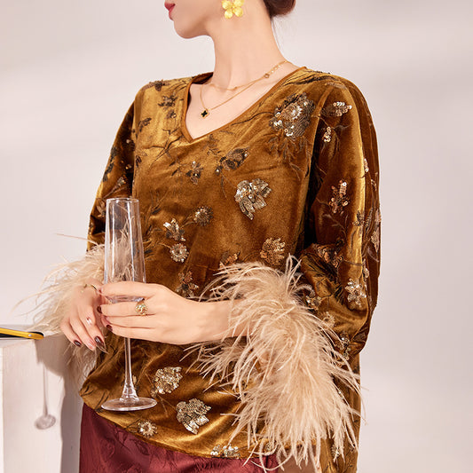 New autumn and winter national style cuffs feather splicing embroidered sequins temperament top skirt set female M9164