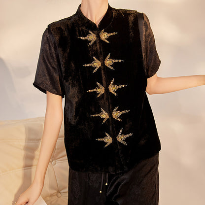 new national style sequins simple vest new Chinese temperament design sense light luxury solid color top women M6043