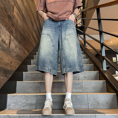 saferido 90s streetwear American Retro Workwear Denim Shorts Men's Summer Versatile High Street Vibe Loose Washed Wide-Leg Shorts