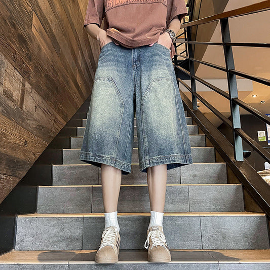 saferido 90s streetwear American Retro Workwear Denim Shorts Men's Summer Versatile High Street Vibe Loose Washed Wide-Leg Shorts