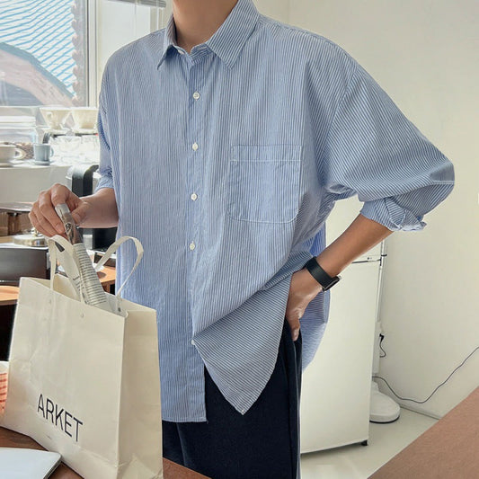 saferido      -shop 90s fashion men Myq Blue Striped Shirt Men's Autumn New Korean Style Loose Long Sleeve Shirt High-Grade Shirt