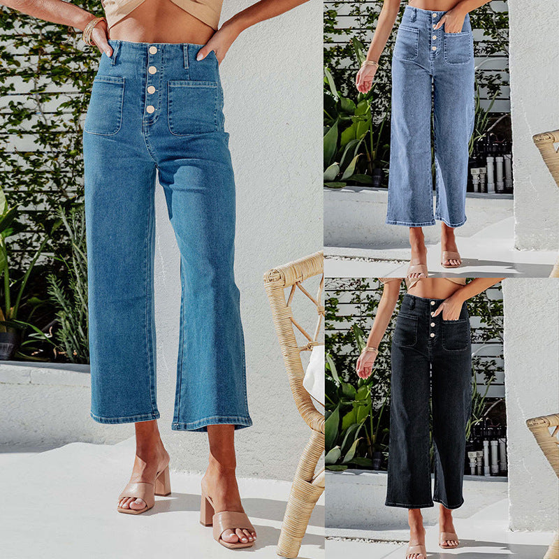 2025 retro loose straight-breasted single-breasted high-waisted wide-leg pants women's jeans nine-point pants wholesale