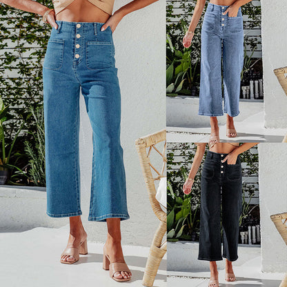 2025 retro loose straight-breasted single-breasted high-waisted wide-leg pants women's jeans nine-point pants wholesale