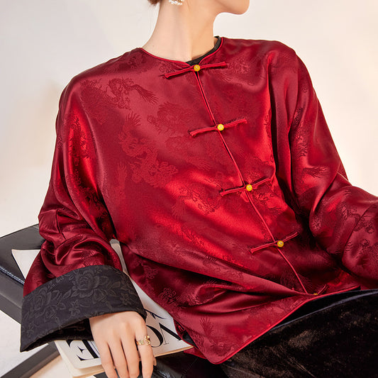 popular autumn and winter national style satin jacquard solid color coat women's new Chinese temperament acetate button top M7061