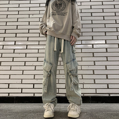 saferido techwear outfits Autumn and Winter Jeans Men's Loose Straight American Retro High Street Multi-Pocket Elastic Wide-Leg Overalls