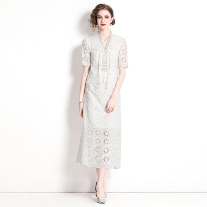 Summer new high-end coffee break  skirt lace thin new Chinese improved cheongsam national style set two-piece set