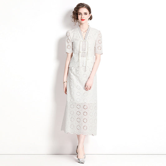 Summer new high-end coffee break  skirt lace thin new Chinese improved cheongsam national style set two-piece set