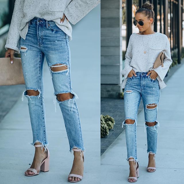 2025 Factory direct sales   new ripped women's jeans street hipster washed slim and thin straight pants
