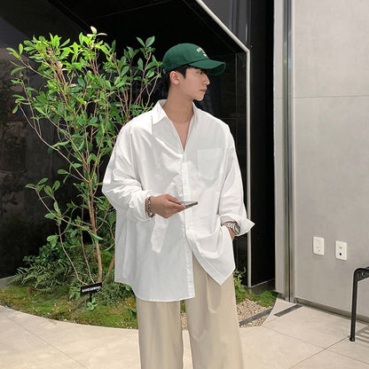 saferido mens fashion Youth White Shirt Men's Spring and Autumn New Korean Style Simple Solid Color Long Sleeve Shirt Loose Lazy Style Cotton