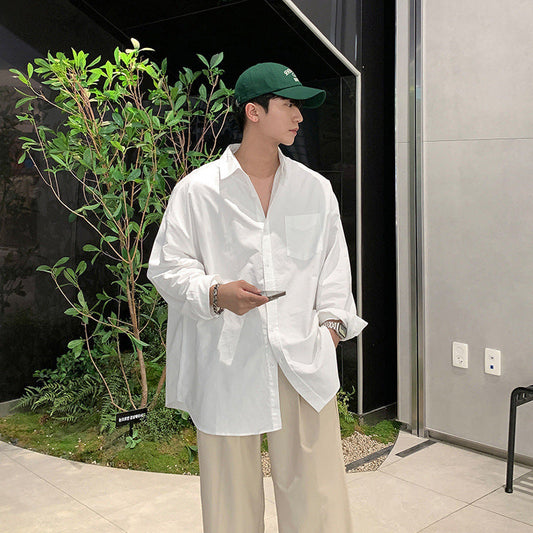 saferido mens fashion Youth White Shirt Men's Spring and Autumn New Korean Style Simple Solid Color Long Sleeve Shirt Loose Lazy Style Cotton