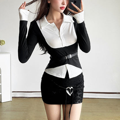 2025 style popular autumn new women's clothing fashion splicing white-collar black body design unique belt top