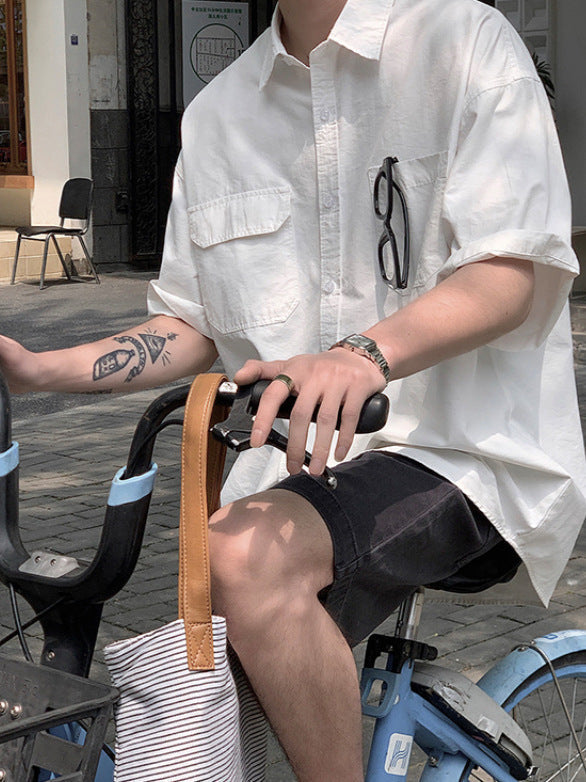 Pure white shirt short sleeves boyish feeling men's summer Korean version casual versatile Japanese style Hong Kong style high quality new trend