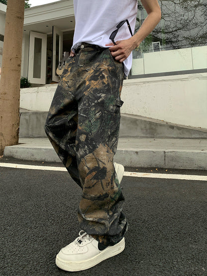 American trendy brand tree branch camouflage retro workwear casual pants men's summer handsome all-match high street loose wide-leg pants