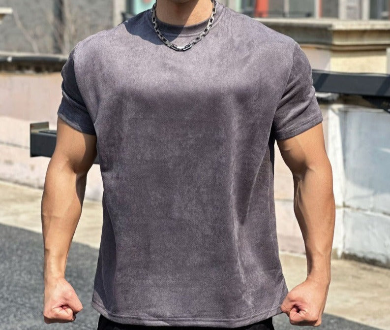 Fitness short-sleeved men's sports round neck T-shirt American summer solid color slim fit all-match trendy brand heavy casual training clothes