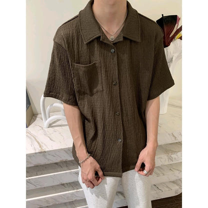 saferido frat boy outfit Korean Style Pleated Texture Short Sleeve Shirt 2024 New Men's High Sense Ins Youth Pointed Collar Popular Korean Style Shirt