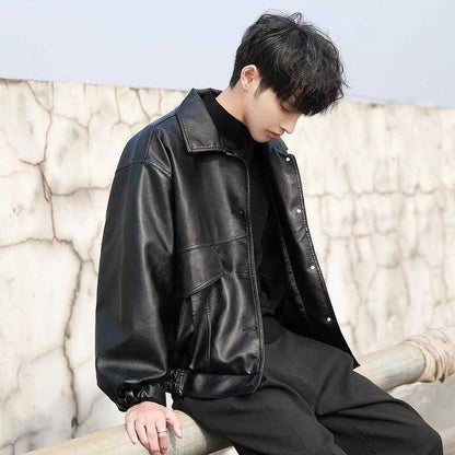 saferido      -shop bomber jacket Korean Style Trendy Loose Leather Jacket Men's Short Motorcycle Clothing Student Pilot Leather Jacket Spring and Autumn plus Size Coat