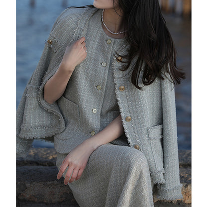 2025 Heavy industry weaving, wool small fragrant style suit, high-end coat, skirt, long skirt  spring and autumn new women's clothing