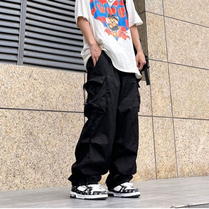 saferido boy outfits Japanese Harajuku Style American Style Wide Leg High Street Multi-Pocket Drawstring Casual Pants Loose Oversize Overalls
