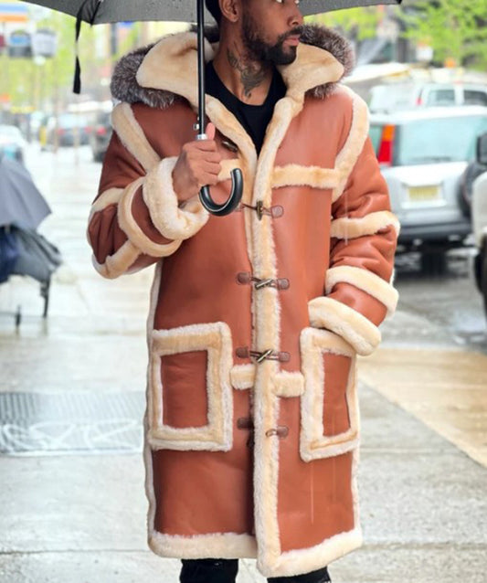 2025 New wish New brown big fur collar hooded horn buckle men's long leather jacket 6574
