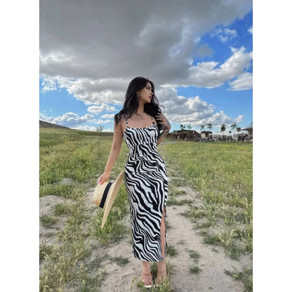 SAFERIDO 2025 ins style women's clothing summer sexy suspender slim side split zebra print popular dress