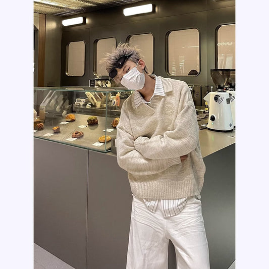 saferido outfit inspo American Retro Preppy Style Soft Glutinous Lazy Sweater Men's Autumn and Winter New Loose Lapel Couple Sweater Coat