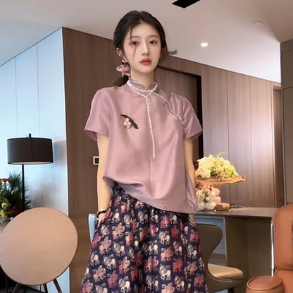 New Chinese style mulberry silk high-end shirt women's summer new chic diagonal placket buckle lace top N4002