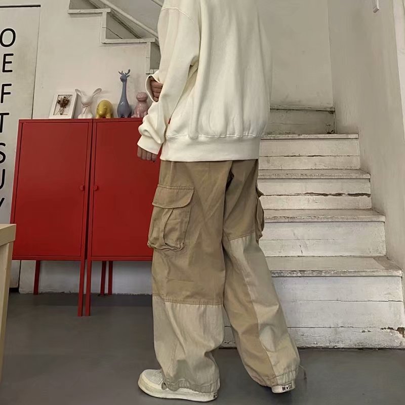saferido      -shop 90s streetwear Men's Stitching Overalls Spring and Autumn New Loose Korean Style Drawstring Casual Pants Youth Gas Straight Pants
