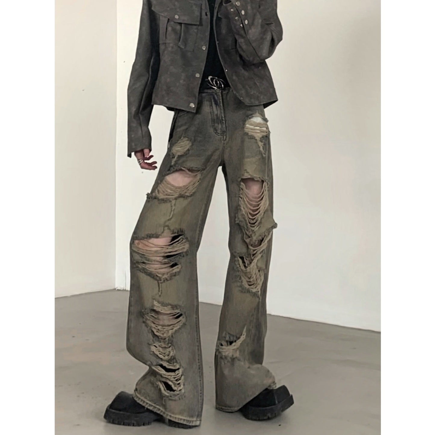 Wasteland old retro washed high street ripped jeans men's spring new wide-leg niche design beggar pants