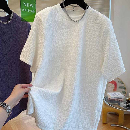 High-grade texture design casual short-sleeved T-shirt for men and women, seersucker lazy summer loose temperament men's top