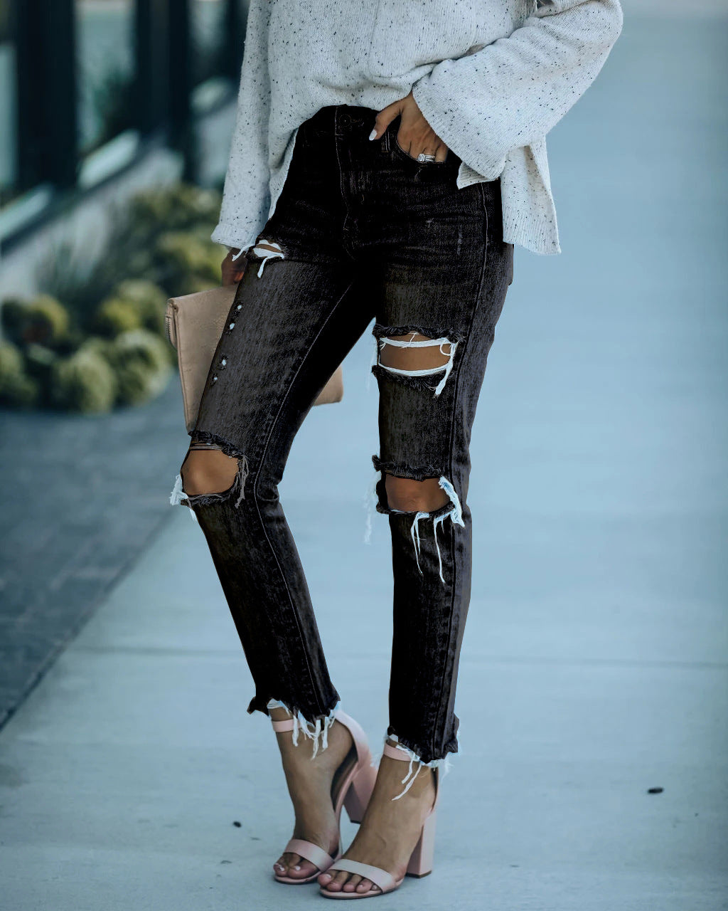 2025 Spot  New  women's jeans straight pants washed ripped rough edge casual trousers jeans women