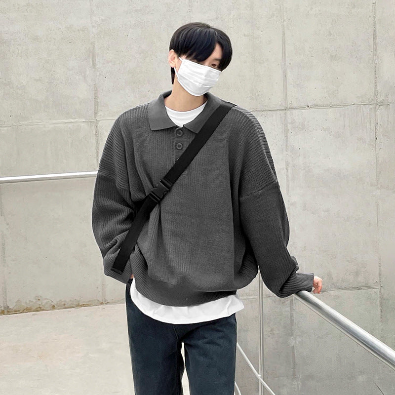 saferido      -shop mens fashion Myq Lapel Long-Sleeved Sweater Men's Autumn Korean Style Loose High-Grade Lazy Style Solid Color Polo Collar Sweater