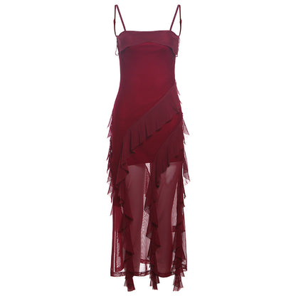 2025 style popular summer new women's clothing fashionable and sexy fungus edge splicing temperament split dress