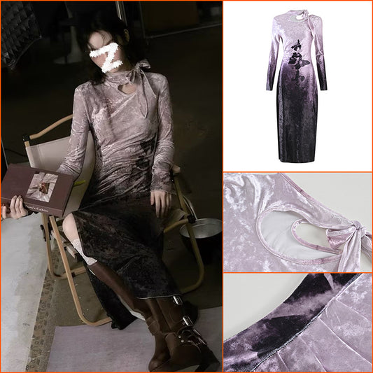 2025 new national style new Chinese style gradual change waist thin temperament bronzing retro cheongsam dress M1502