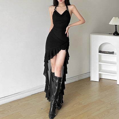 2025 style popular summer new women's clothing solid color sexy spice girl neck slim waist mesh dress