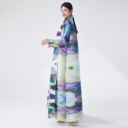 2025 Muslim robe women's long skirt Popular trade robe high-end printing loose lace-up lapel cardigan jacket autumn