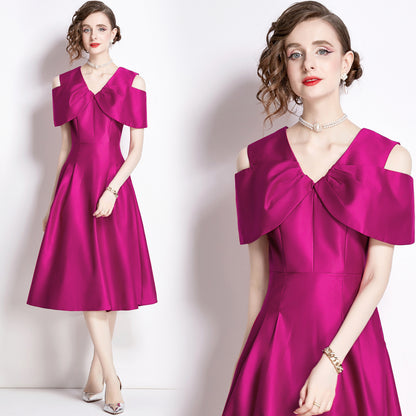Popularan women's clothing elegant temperament waist off the shoulder big swing dress popular new celebrity fashion Popular style evening dress