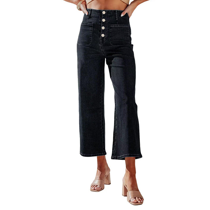 2025 retro loose straight-breasted single-breasted high-waisted wide-leg pants women's jeans nine-point pants wholesale
