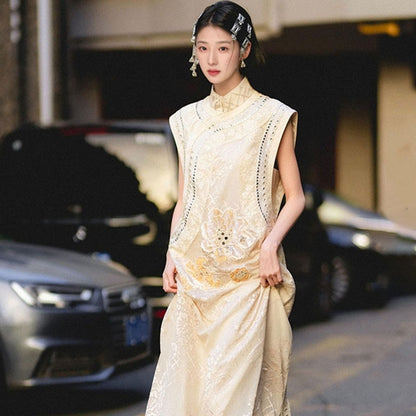 New Chinese style light luxury stand-up collar bead embroidery sleeveless sequins loose silk vest dress set MY012