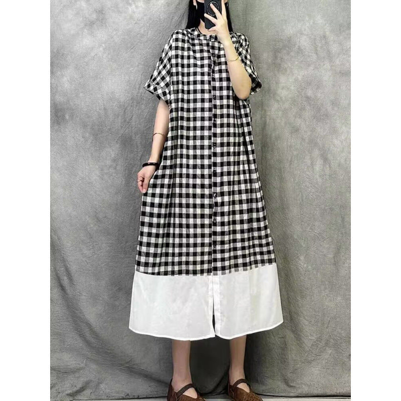 Plaid crew neck splicing dress  summer new design sense casual sense Japanese style wear women