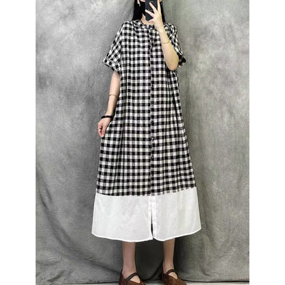 Plaid crew neck splicing dress  summer new design sense casual sense Japanese style wear women