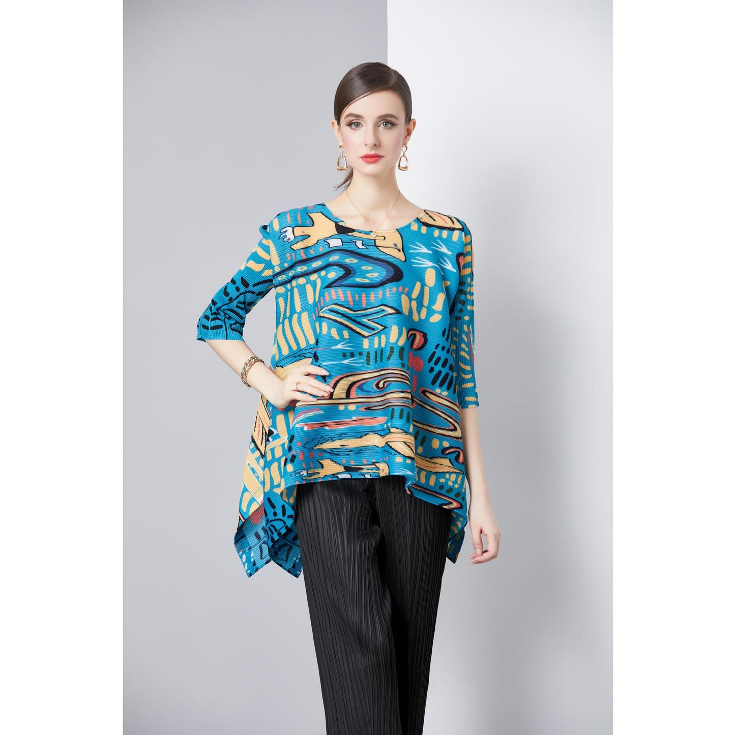 Pleated Popularan, n style, Popular style, advanced sense, loose elastic pleated printed top, seven-quarter sleeve crew neck, new summer models